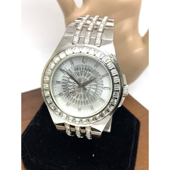 Bulova Men's Watch 96A236 Quartz Swarovski Crystals Silver Dial Stainless Steel - Picture 1 of 14